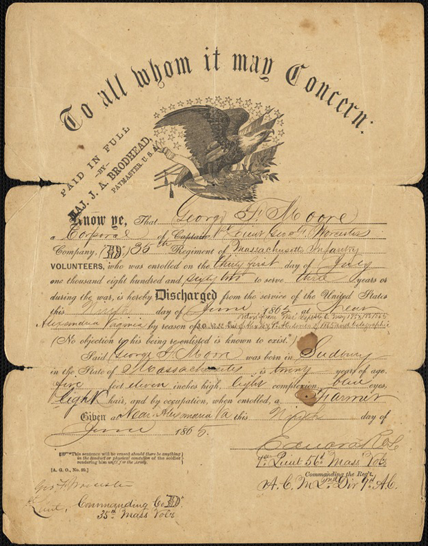 Corporal George Moore's Discharge from the service of the United States on June 9, 1865 near Alexandria Virginia